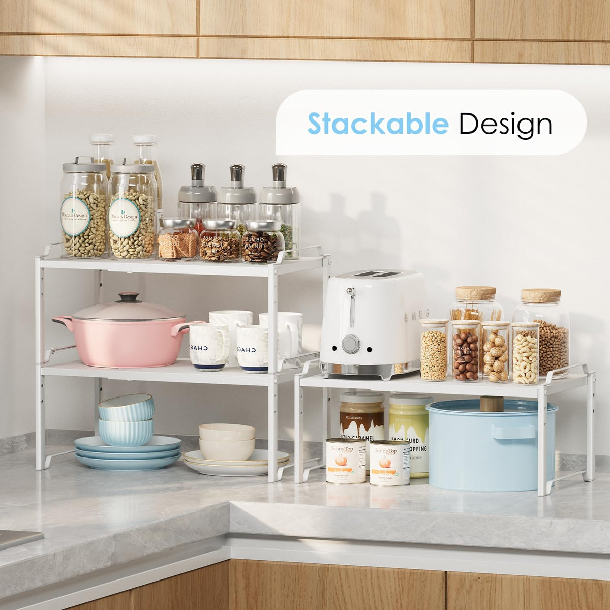 2 Pack 11” Depth Expandable Kitchen Cabinet Organizer Shelves, Heavy Duty Kitchen Countertop Organizers and Storage Rack, Stackable Metal Small Storage Shelf For Pantry Counter Cupboard Organization