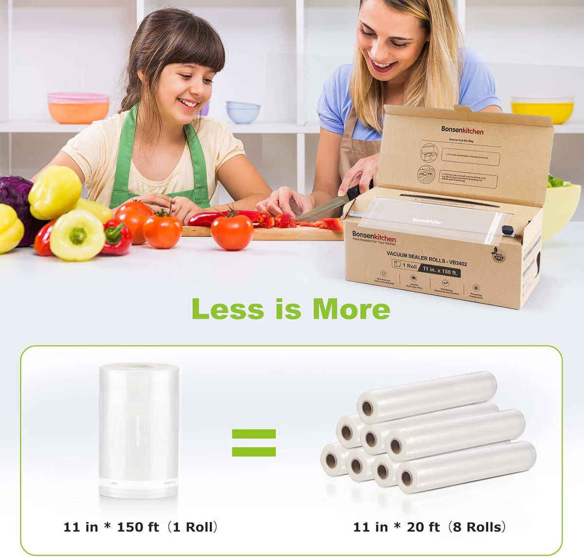 Bonsenkitchen 11"x150' Vacuum Sealer Bags with Cutter for Food Storage