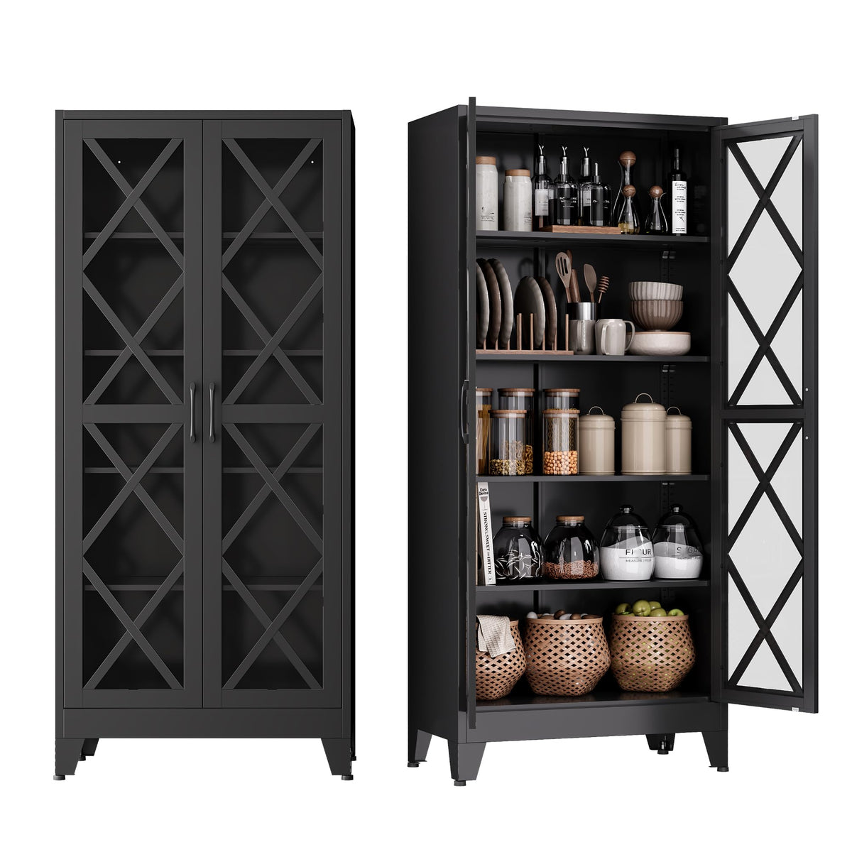 COFaR White Farmhouse Storage Kitchen Pantry Cabinet with 2 Barn Door, 3 Adjustable Shelves and Legs, for Cupboard/Dining Room/Bathroom/Living Room/Office/Laundry Room (White, 61" Farmhouse)