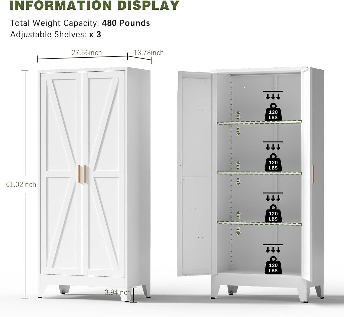 COFaR White Farmhouse Storage Kitchen Pantry Cabinet with 2 Barn Door, 3 Adjustable Shelves and Legs, for Cupboard/Dining Room/Bathroom/Living Room/Office/Laundry Room (White, 61" Farmhouse)