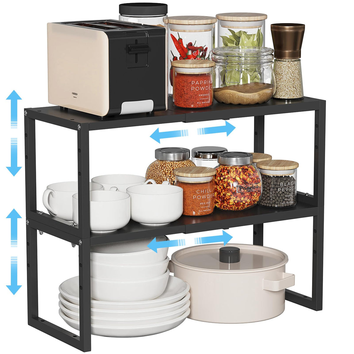 Expandable Metal Storage Shelves, 110LBS Heavy Duty Shelving Units and Storage for Pots Pans Small Appliances, Adjustable Metal Storage Shelf Organizer Rack for Kitchen Cabinets Closet Pantry Garage