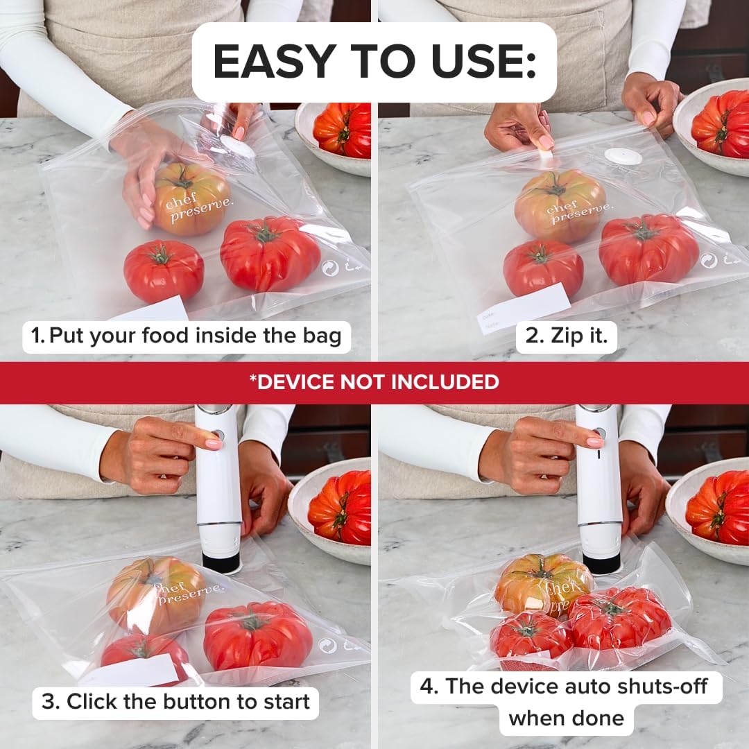 Chef Preserve Reusable Vacuum Sealer Bags for Food - 30 BPA-Free Small (8 x 10 in) Food Storage Bags, Freezer, Microwave - Odor-Resistant, Leak-Proof - Compatible with Chef Preserve Vacuum Sealers