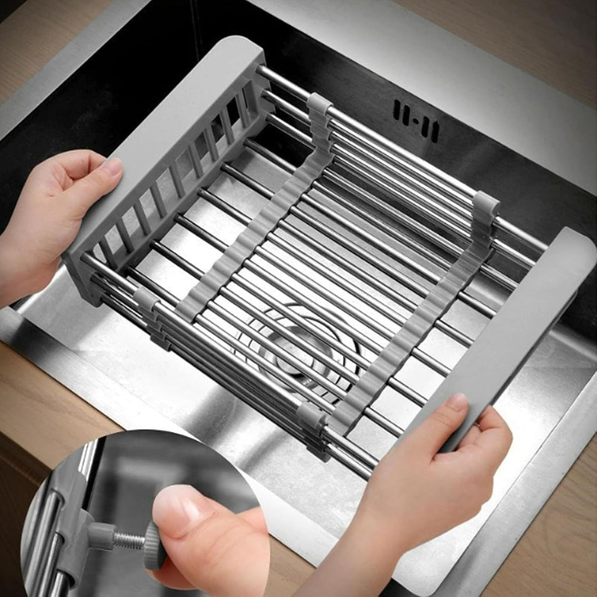 Extend Kitchen Sink Drain Basket,Stainless Steel Retractable Sink Rack,Over Sink Dish Rack,Portable Telescopic Kitchen Sinks Accessories,Extender Basket for Vegetables Fruits and Dishes(Black,Large)