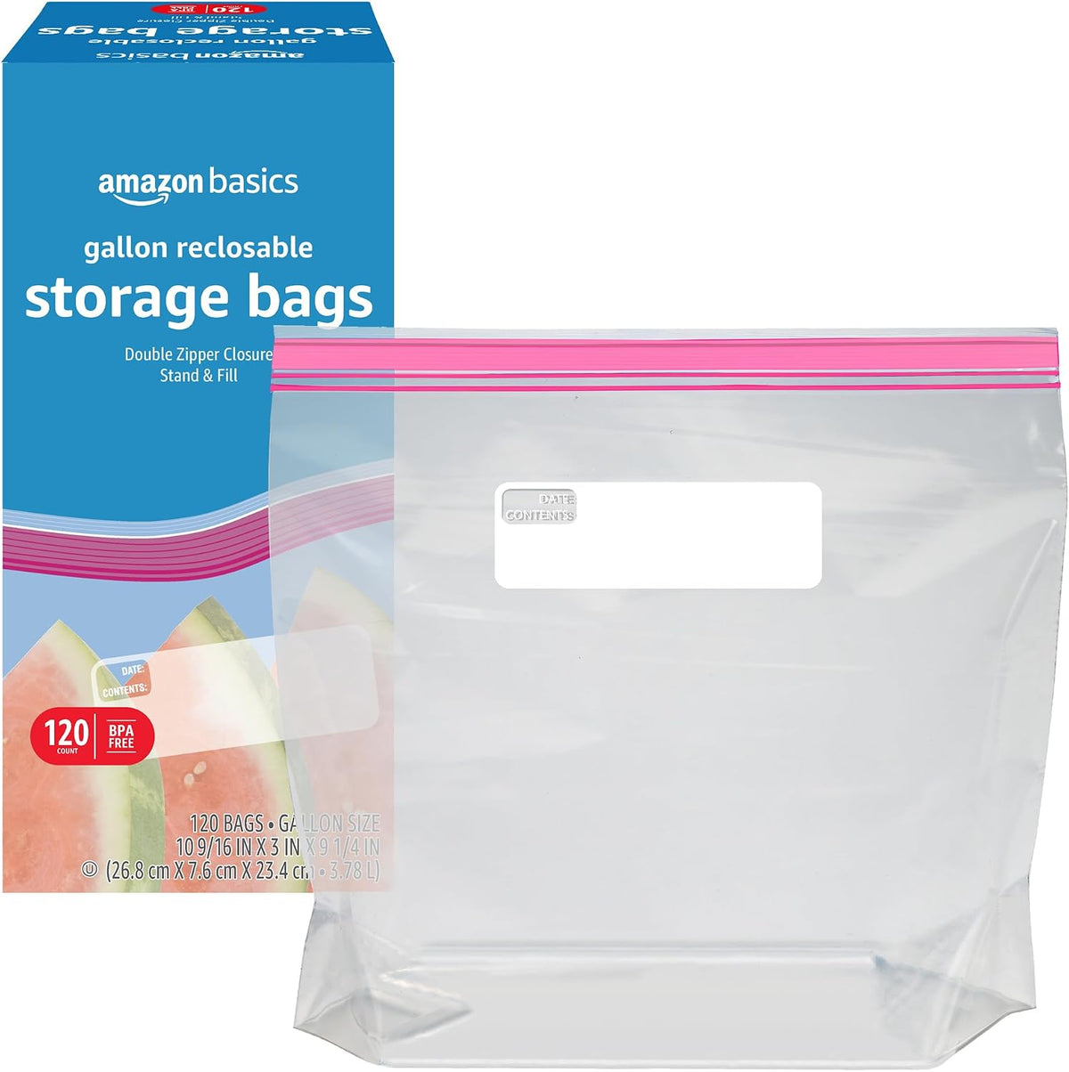 Amazon Basics Reclosable Gallon Food Storage Bags with Double Zipper Seal, Stand and Fill Base, BPA Free, 120 Count