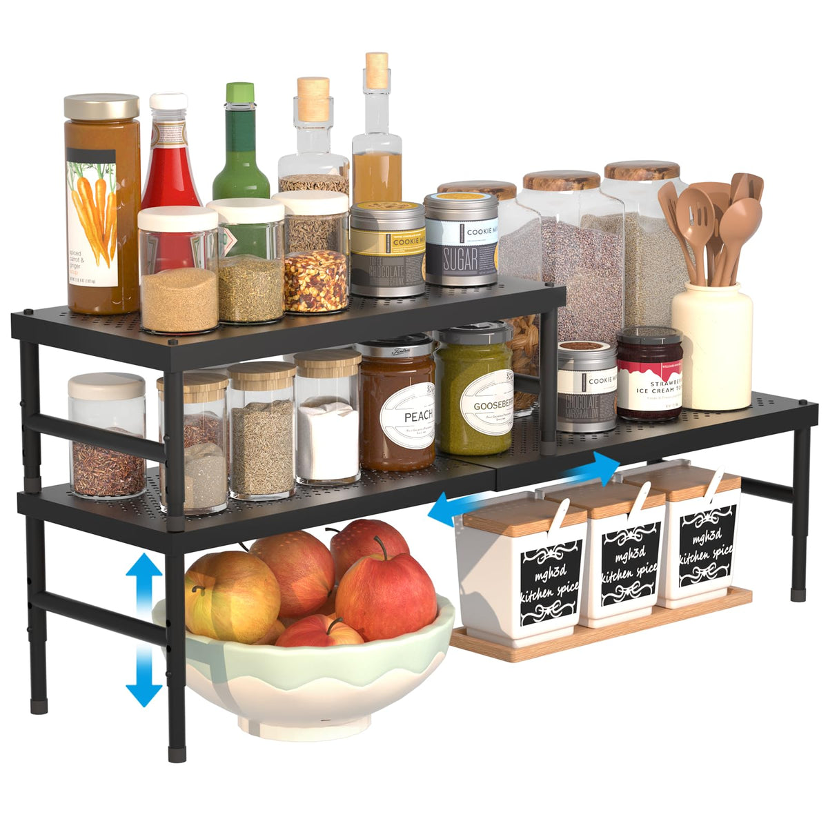 HI NINGER Expandable adjustable stackable kitchen organizer,Spice Racks,Counter Shelf for Cabinets,Small Cupboard Organizers,Heavy Duty Metal Pantry Storage Shelves Racks for kitchen,cabinet