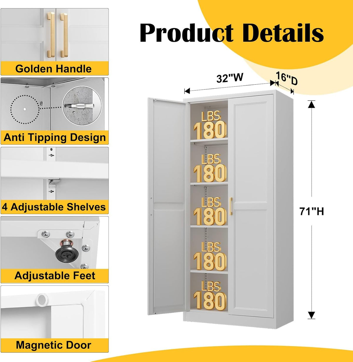 Steeloong 71"Metal Pantry Storage Cabinet with Doors & 4 Adjustable Shelves