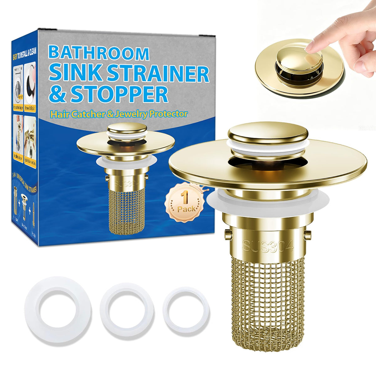 2PCS Bathroom Sink Stopper Strainer, Pop-Up Bathroom Sink Drain Strainer with Removable Stainless Steel Hair Catcher Basket, Universal Fit for US Bathroom Sinks, Bathtubs, Showers & Floor Drains