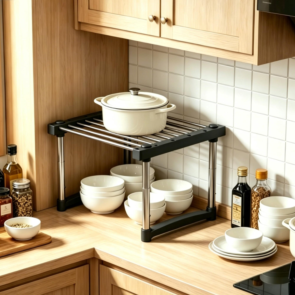 BLULEE Expandable Cabinet Organizer, Adjustable Storage Shelf White