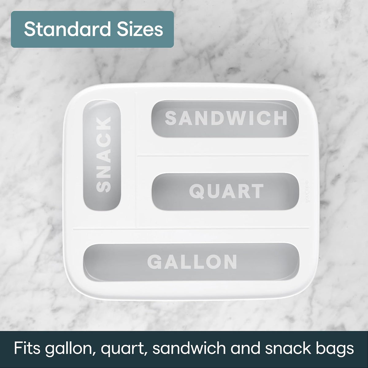 YouCopia StoraBag Drawer Food Bags Dispenser, 4-Slot, Plastic Sandwich Bag Organizer for Kitchen Storage, White