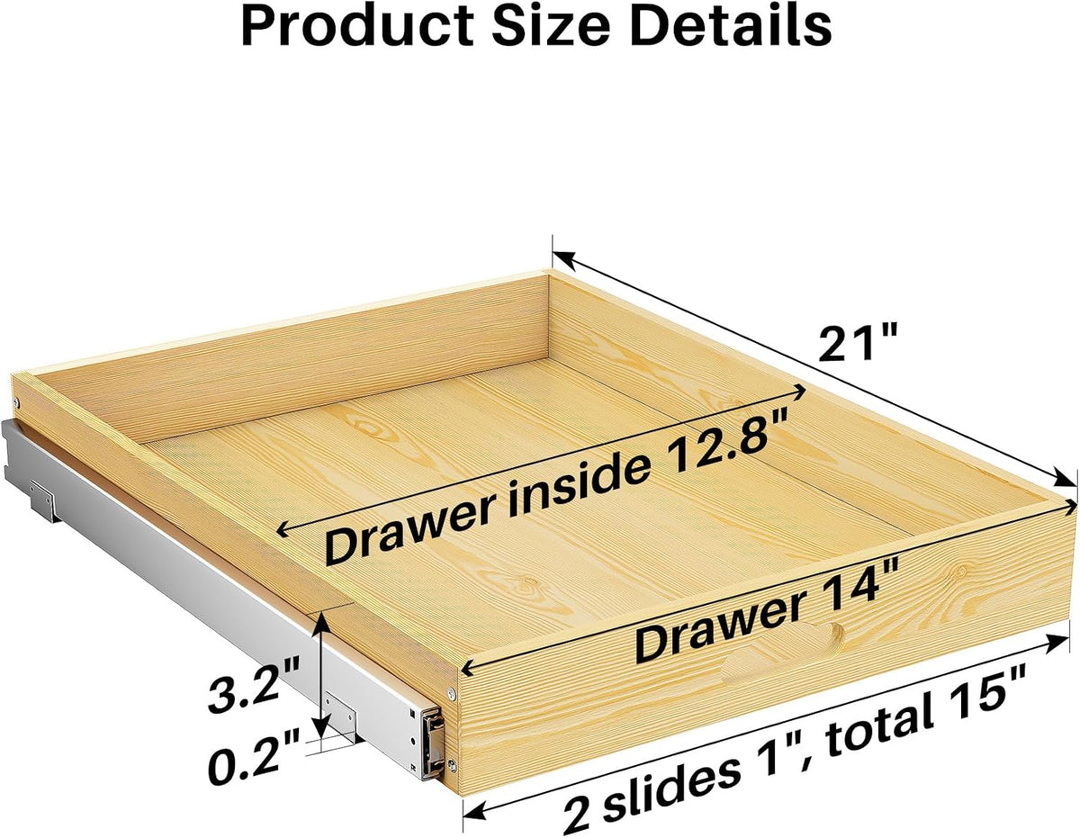 Pull Out Cabinet Organizer, Soft Close Wooden Slide Out Drawers for Pots and Pans, Full-extension Roll Out Shelves for Kitchen Cabinets, Pantry Organization, Bottom & Side Mount(15"W X 21"D x 3.4''H)