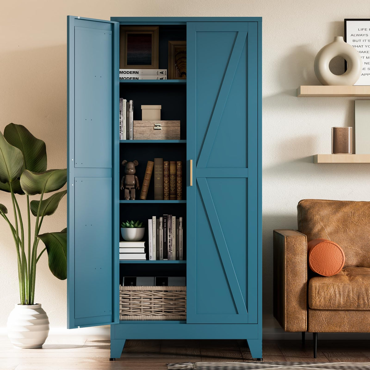 COFaR White Farmhouse Storage Kitchen Pantry Cabinet with 2 Barn Door, 3 Adjustable Shelves and Legs, for Cupboard/Dining Room/Bathroom/Living Room/Office/Laundry Room (White, 61" Farmhouse)