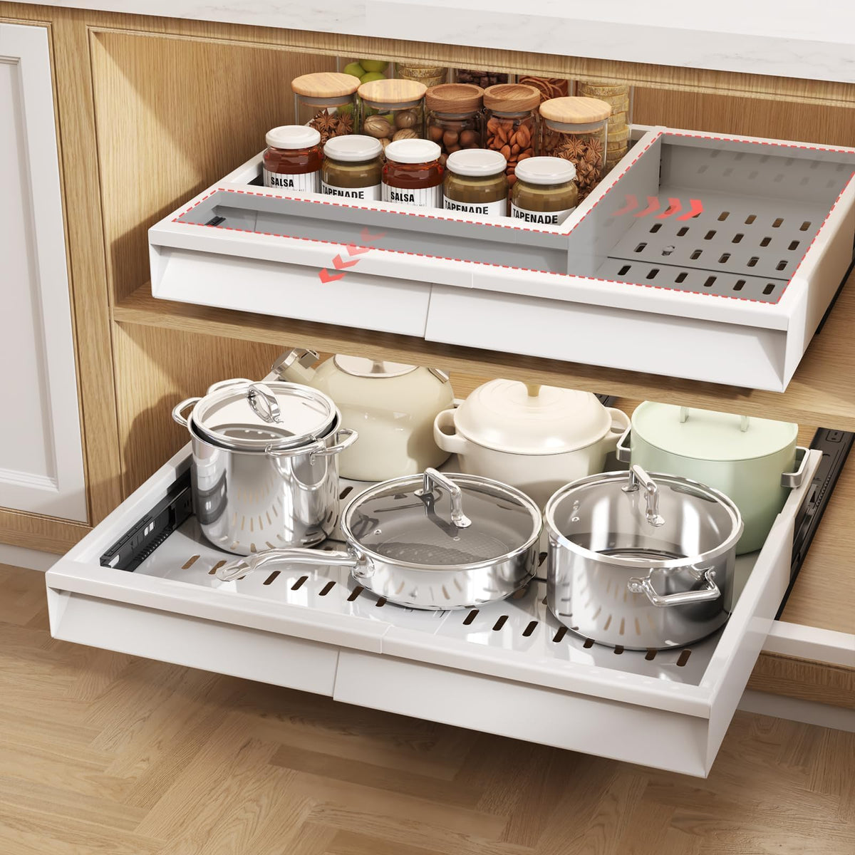 Seinloes Pull Out Cabinet Organizer, 4-Side Expandable to Fit Most Cabinets, 3 Rail Slide Out Drawers with Raising Pad for Framed & Frameless Cabinets, 13"-21" W x 17"-24" D, White, 2 Pack