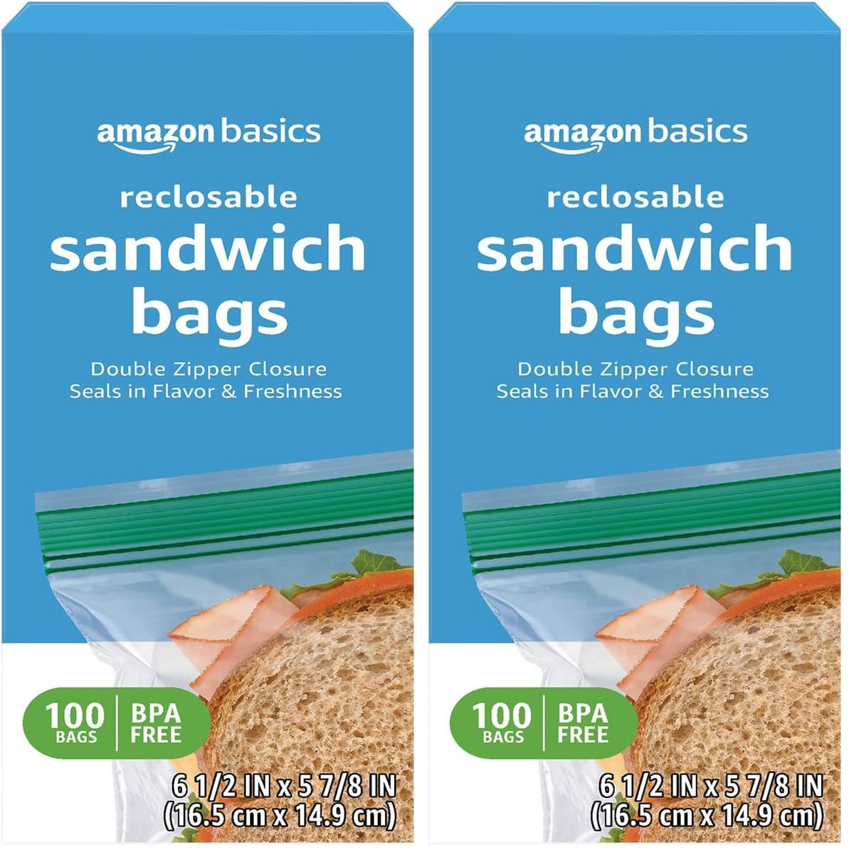 Amazon Basics Reclosable Double Zipper Sandwich Storage Bags for Food Storage, BPA Free, 100 Count