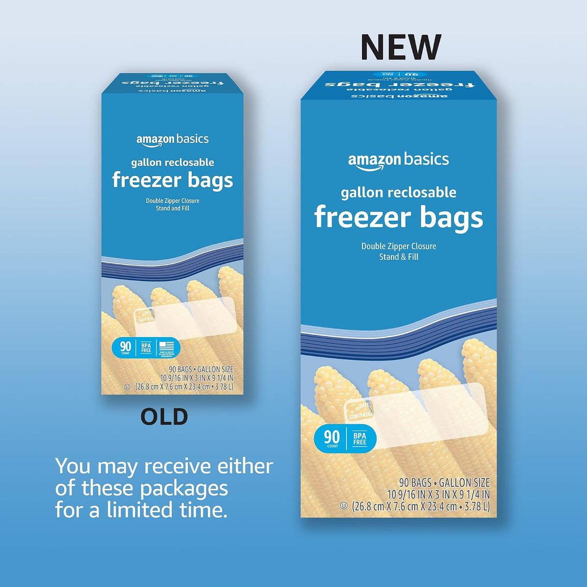 Amazon Basics Reclosable Freezer Gallon Size Bags with Double Zipper Seal, Stand-Up Bottom, BPA Free, 90 Count (Previously Solimo)
