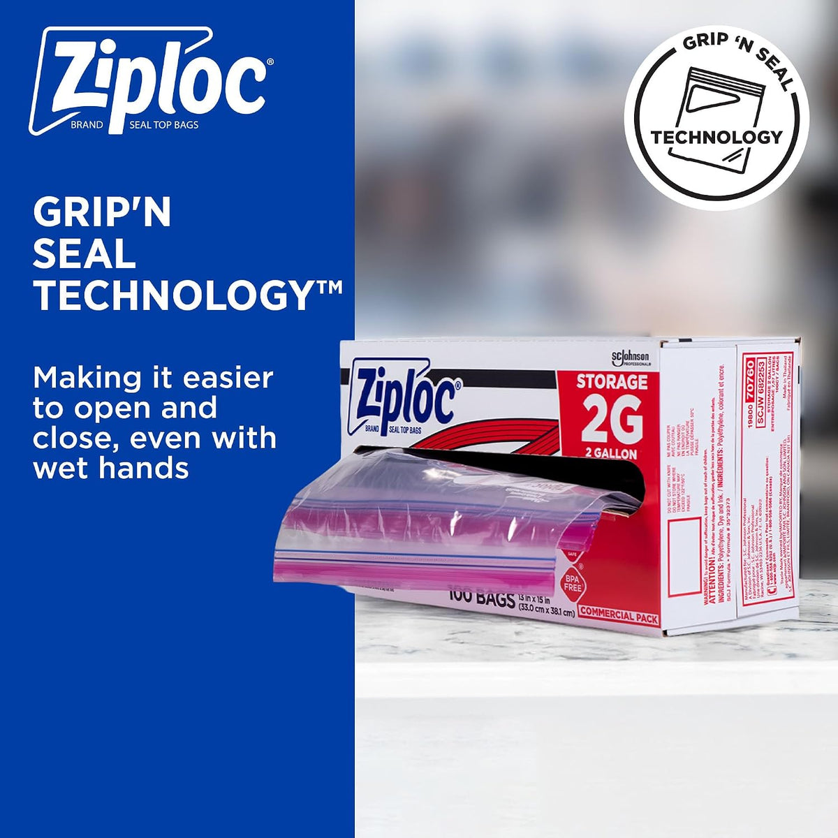 SC Johnson Professional Ziploc Brand Food Storage 2 Gallon Bags, Food Storage Ziploc Brand Bags, Commercial Pack, 100 Count Box, for Professional Use Only