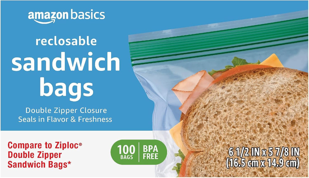 Amazon Basics Reclosable Double Zipper Sandwich Storage Bags for Food Storage, BPA Free, 100 Count