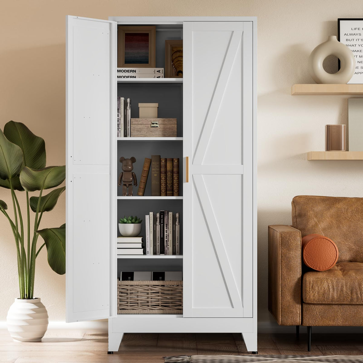 COFaR White Farmhouse Storage Kitchen Pantry Cabinet with 2 Barn Door, 3 Adjustable Shelves and Legs, for Cupboard/Dining Room/Bathroom/Living Room/Office/Laundry Room (White, 61" Farmhouse)