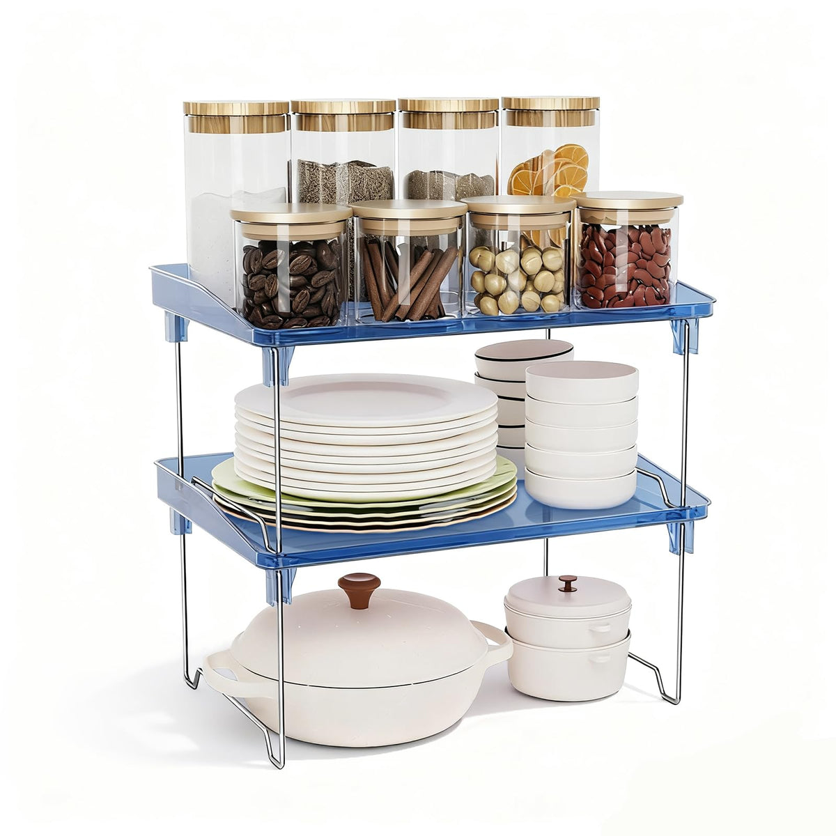 STARLATTA 2 Pcs Cabinet Organizer Shelf, Stackable Kitchen Counter Shelves, Spice Rack,Countertop Organizers, Clear Plastic Storage Shelves Rack for Makeup,Bathroom,Cupboard,Desk,Pantry Organization
