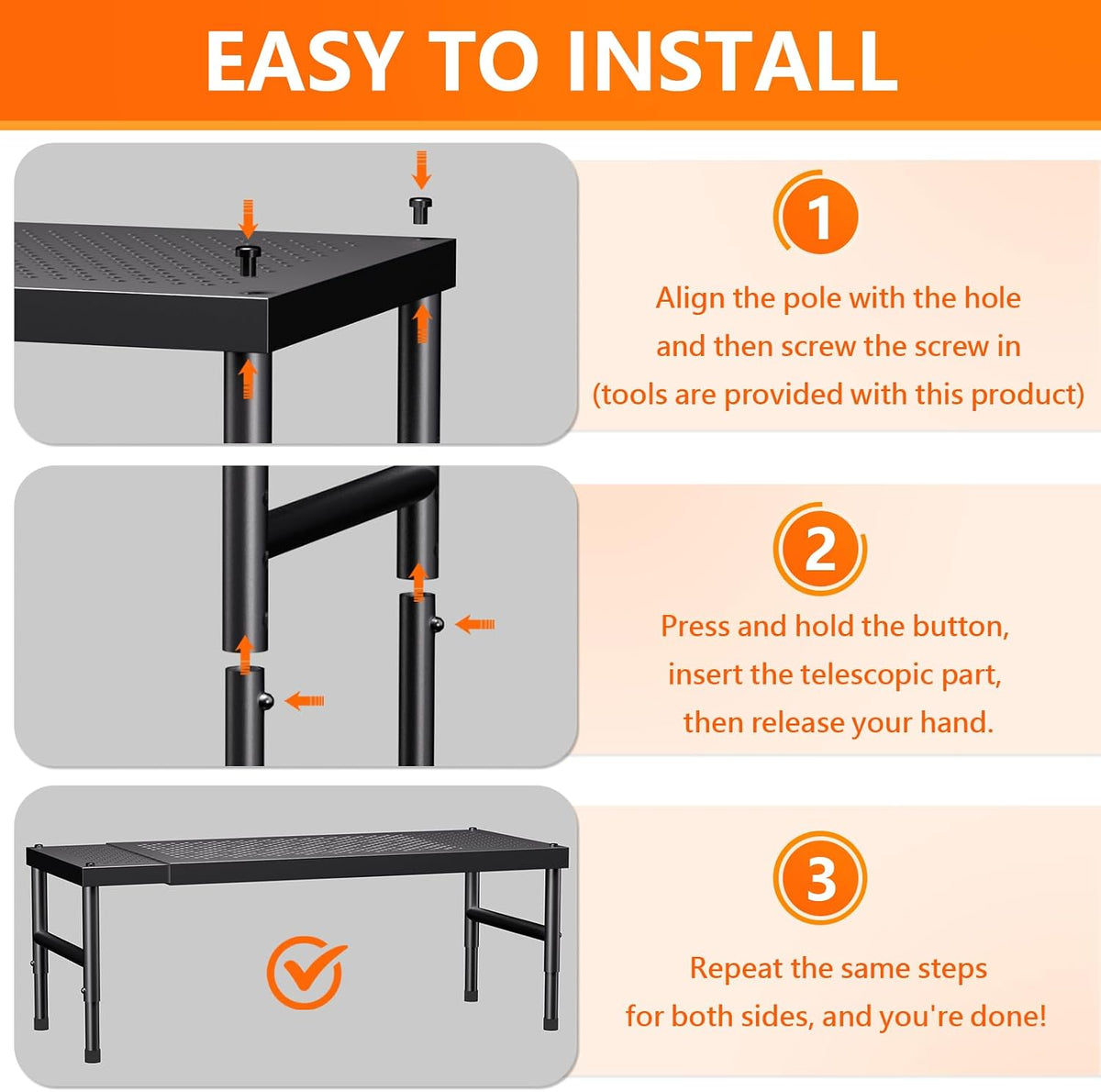 HI NINGER Expandable adjustable stackable kitchen organizer,Spice Racks,Counter Shelf for Cabinets,Small Cupboard Organizers,Heavy Duty Metal Pantry Storage Shelves Racks for kitchen,cabinet
