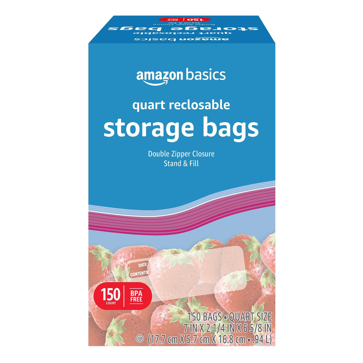 Amazon Basics Reclosable Quart Food Storage Bags with Double Zipper Seal, BPA Free, 150 Count