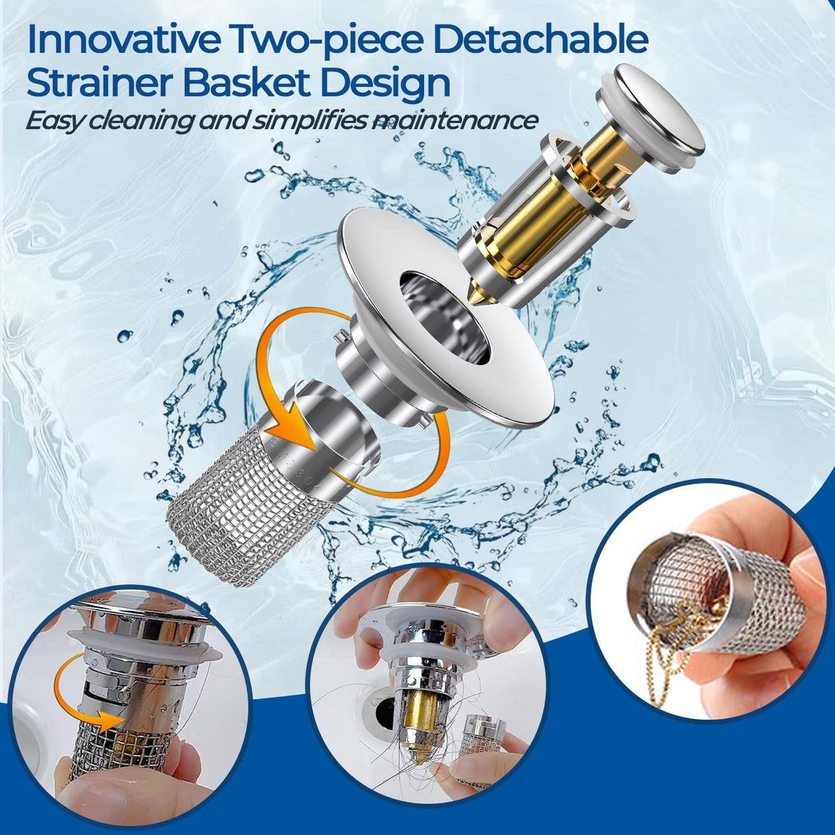 Bathroom Sink Drain Strainer,(2PCS) Pop-up Sink Drain Strainer with Removable Stainless Steel Strainer Basket Hair Catcher, Bathroom Sink Strainer for Bathroom Sink Stopper Replacement