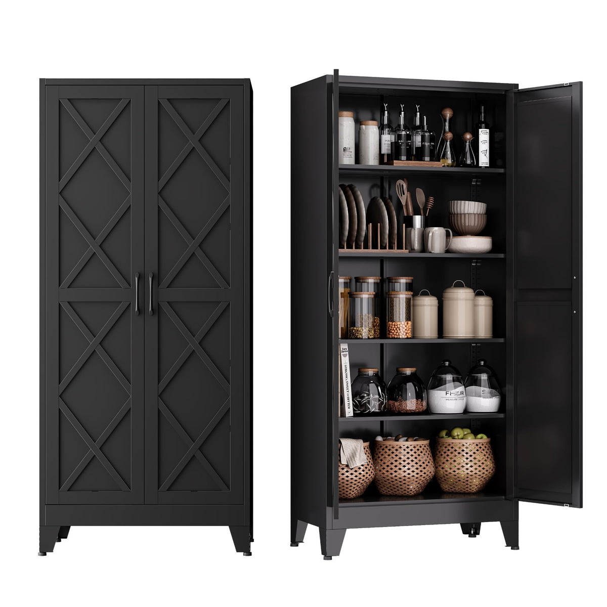 COFaR White Farmhouse Storage Kitchen Pantry Cabinet with 2 Barn Door, 3 Adjustable Shelves and Legs, for Cupboard/Dining Room/Bathroom/Living Room/Office/Laundry Room (White, 61" Farmhouse)
