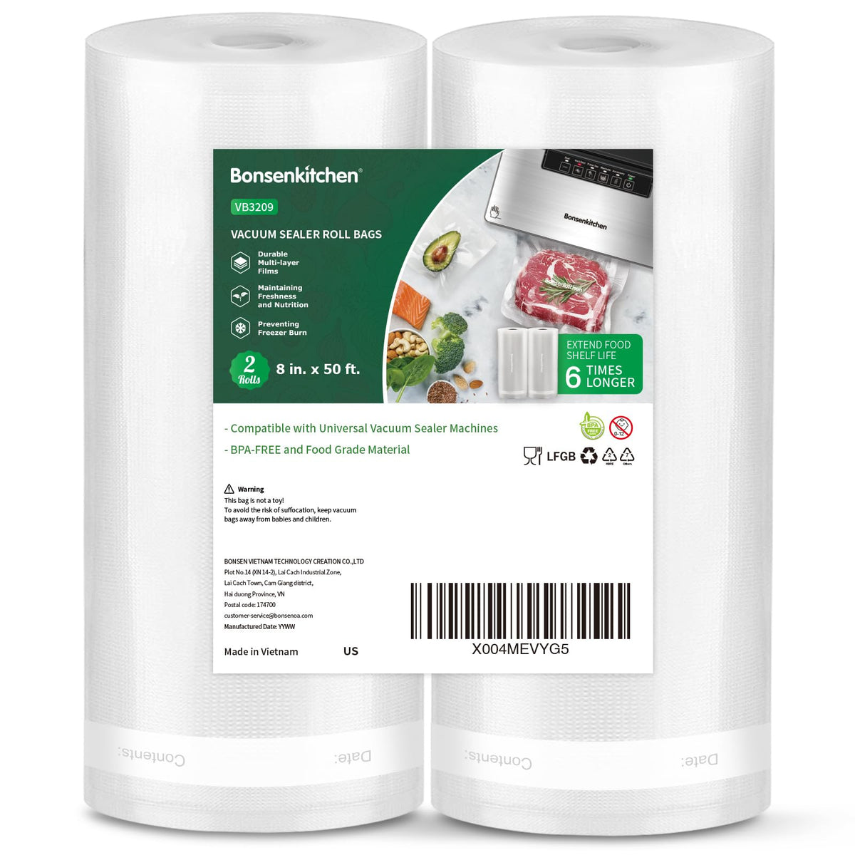 Bonsenkitchen Vacuum Sealer Rolls bags, 3 Rolls 11"x 20'+ 3 Rolls 8"x 20'