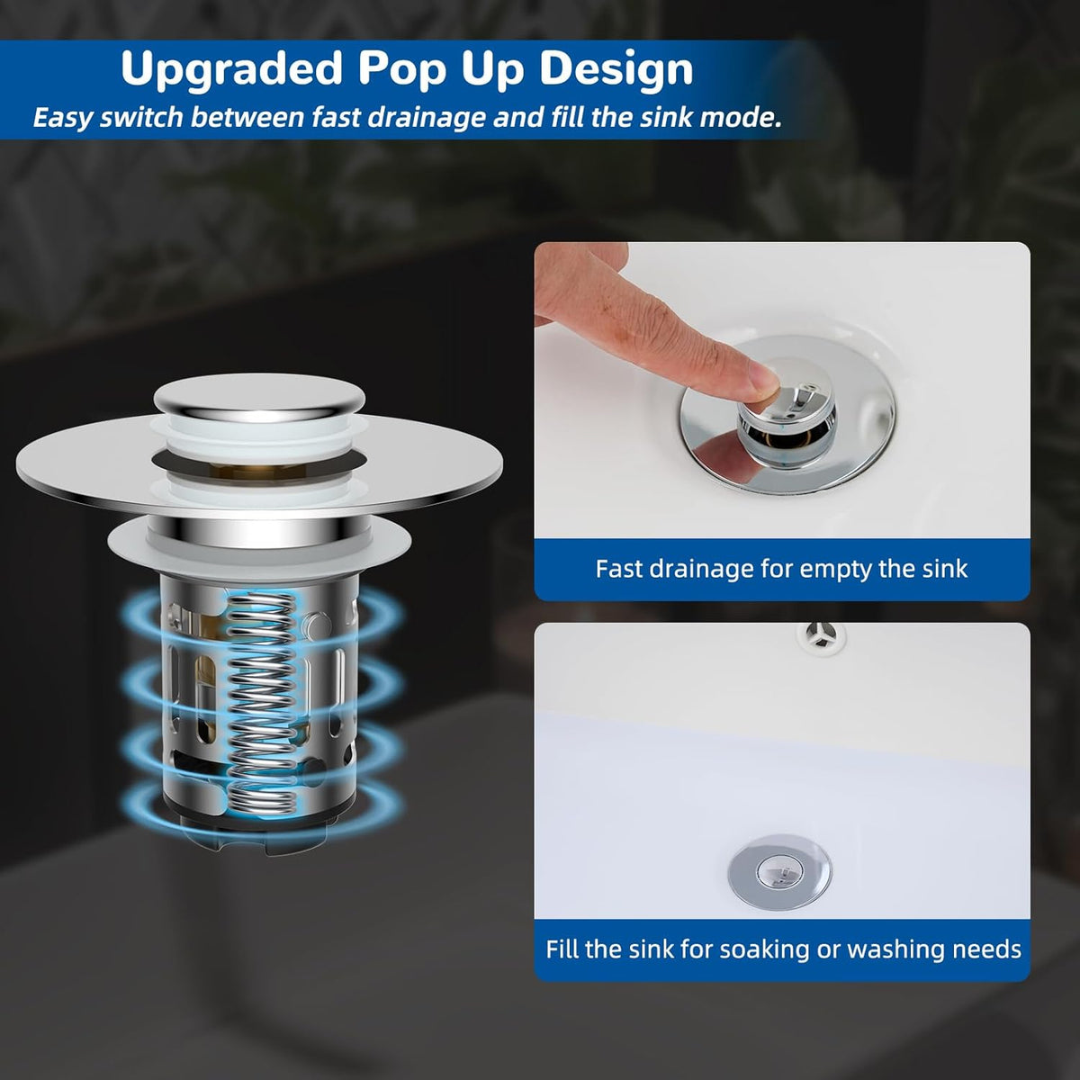 Hibbent Upgraded 3 in 1 Bathroom Sink Drain Strainer, Pop Up Stopper