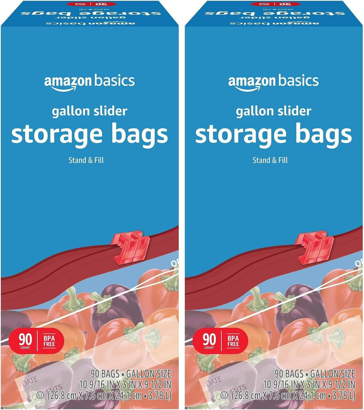 Amazon Basics Slider Gallon Food Storage Bags, BPA Free, Stand-Up Bottom, Easy to Fill, 90 Count