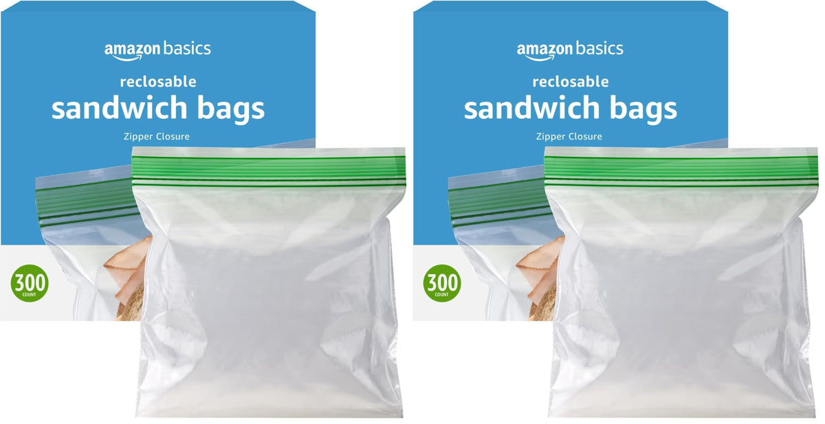 Amazon Basics Reclosable Double Zipper Sandwich Storage Bags for Food Storage, BPA Free, 100 Count