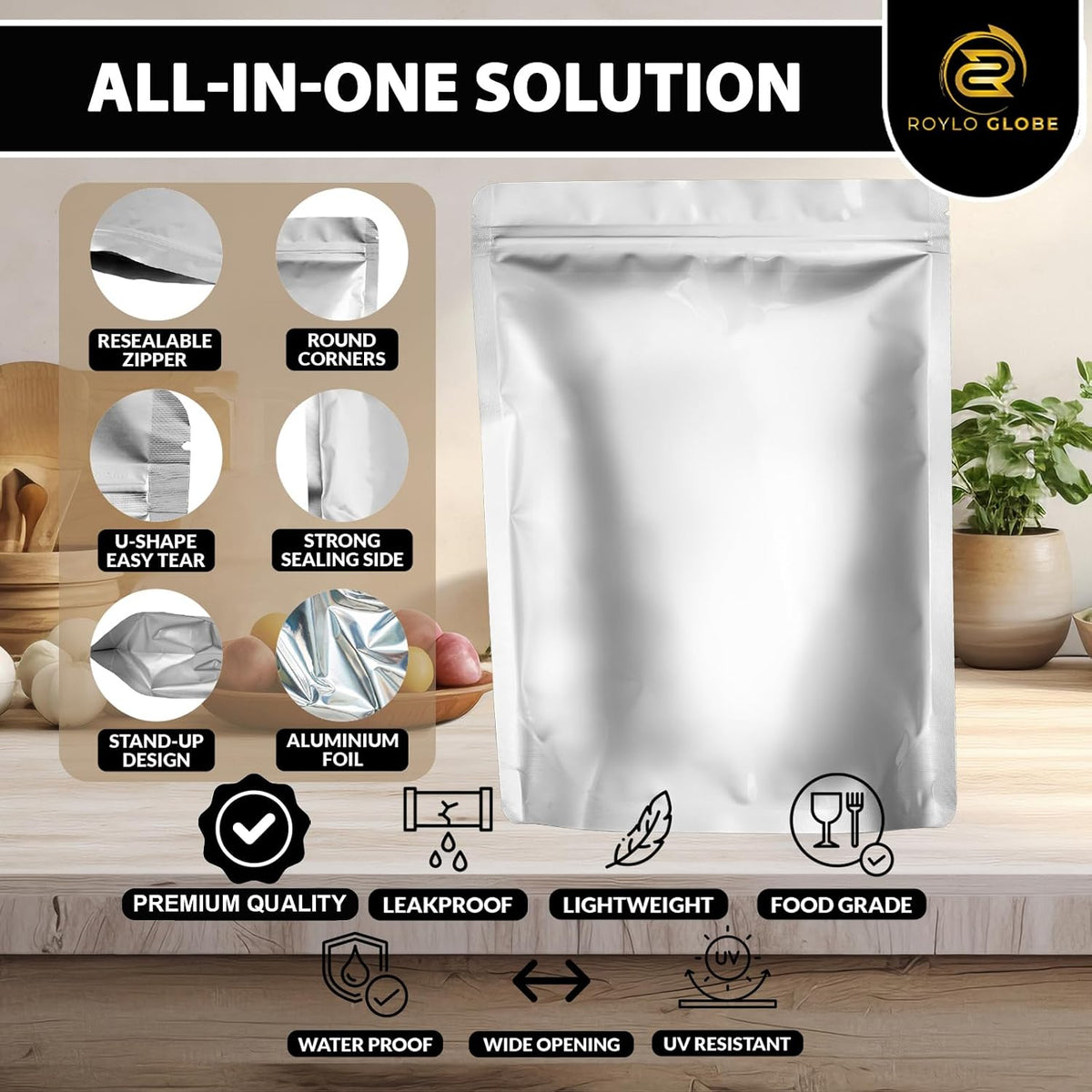 120 Mylar Bags with 150 Oxygen Absorbers-168 Labels & Stand-Up Reusable