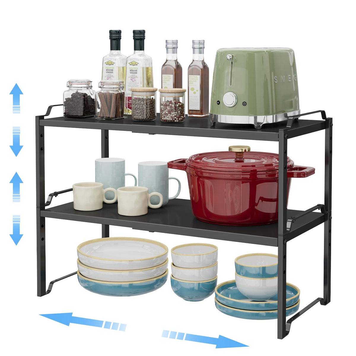 2 Pack 11” Depth Expandable Kitchen Cabinet Organizer Shelves, Heavy Duty Kitchen Countertop Organizers and Storage Rack, Stackable Metal Small Storage Shelf For Pantry Counter Cupboard Organization