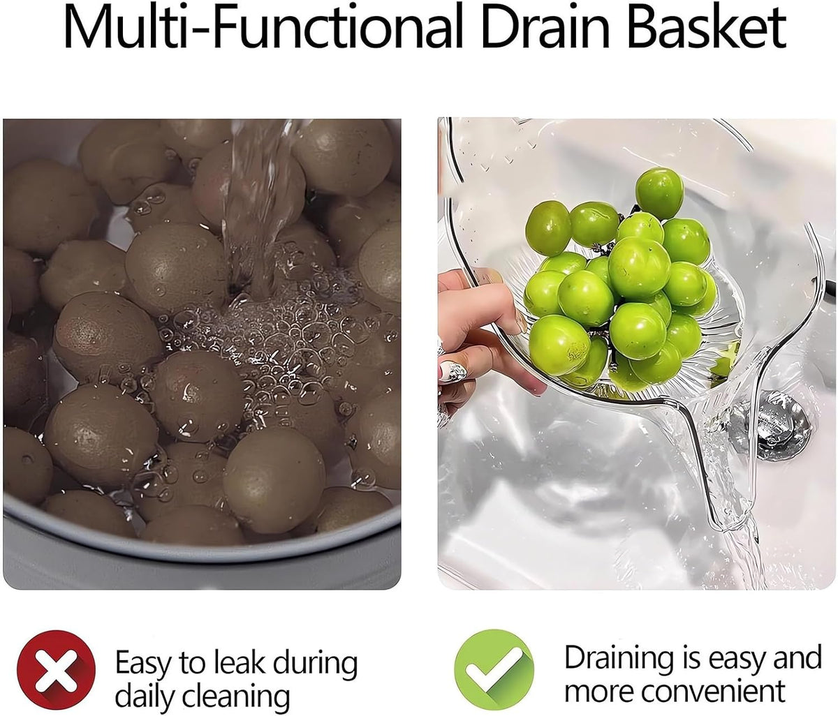 Multi-functional Drain Basket - 2024 New Fruit Cleaning Bowl with Strainer Container, Kitchen Sink Food Catcher Drainer Rinser Vegetable Washing Filter over the Colander (1PC, Clear)