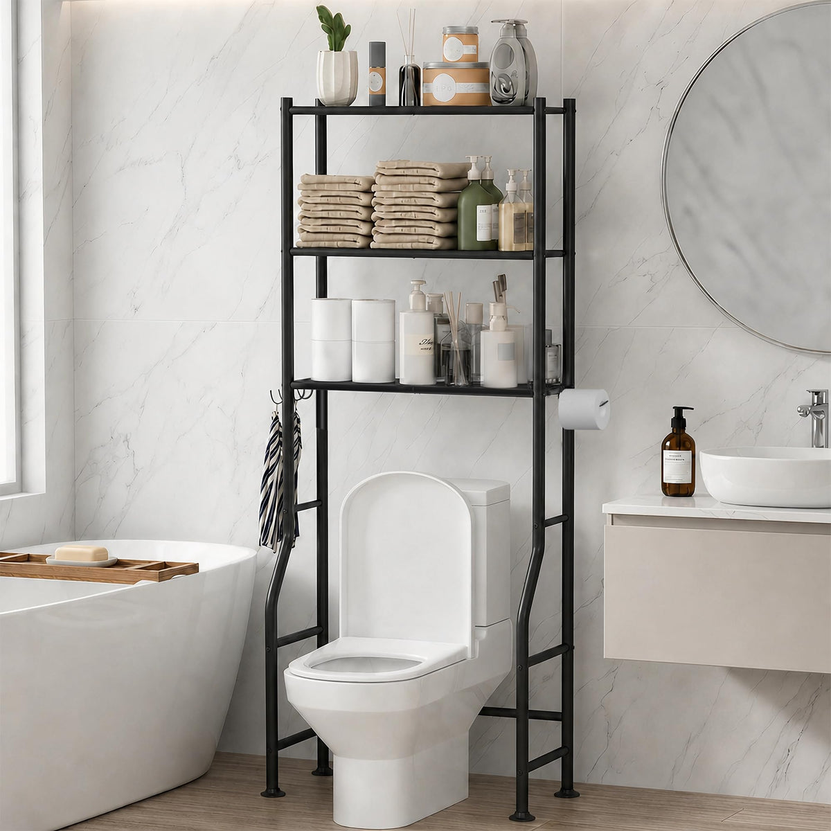 GloTika 3-Tier Over Toilet Storage, Anti-Tilt, 64" H, Black