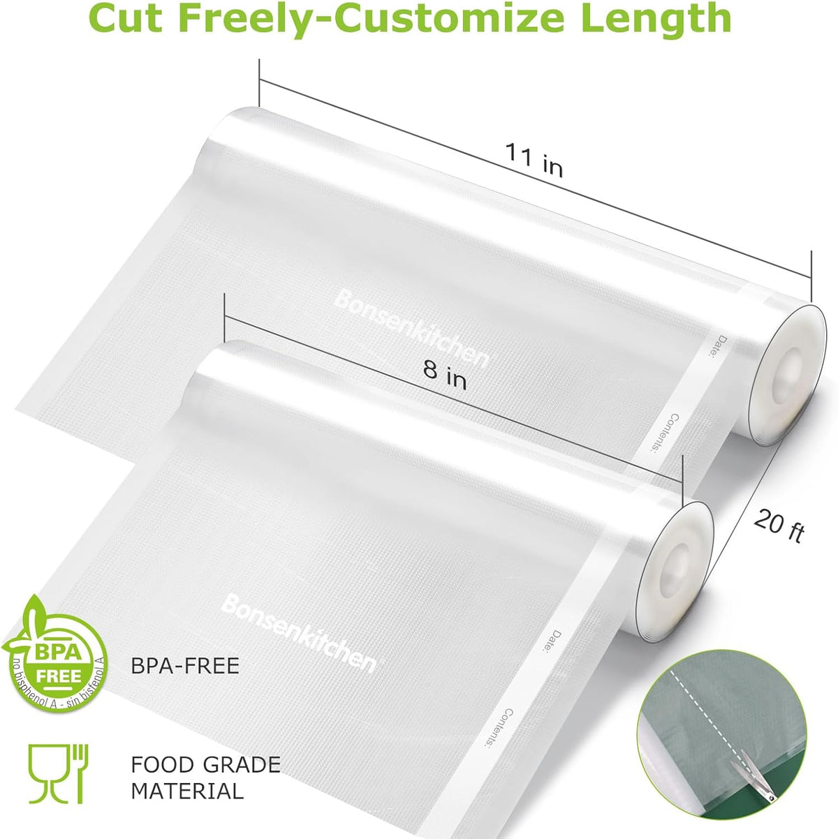 Bonsenkitchen Vacuum Sealer Rolls bags, 3 Rolls 11"x 20'+ 3 Rolls 8"x 20'