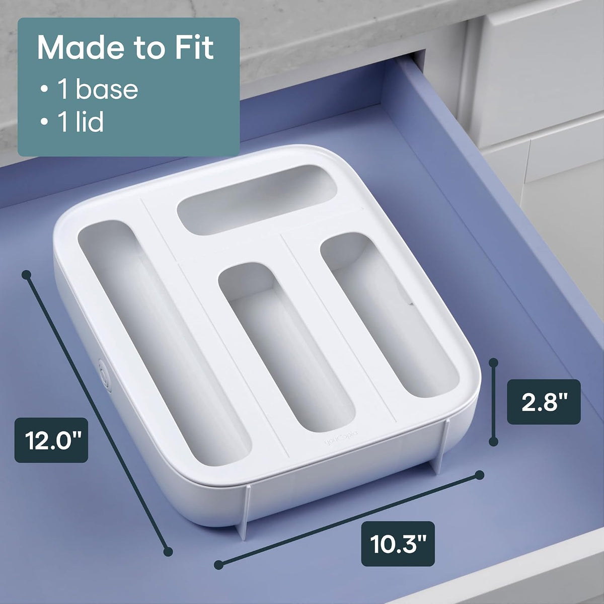 YouCopia StoraBag Drawer Food Bags Dispenser, 4-Slot, Plastic Sandwich Bag Organizer for Kitchen Storage, White