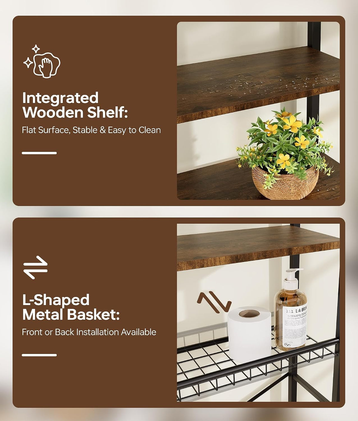 4-Tier Over-the-Toilet Storage Rack with One-Piece Wooden Shelves & Open Net Basket, Bathroom Organizer with Adjustable Feet & Anti-Tip Kit, Space-Saving Toilet Shelf, Brown, 24.4" x 9.4" x 69.3"