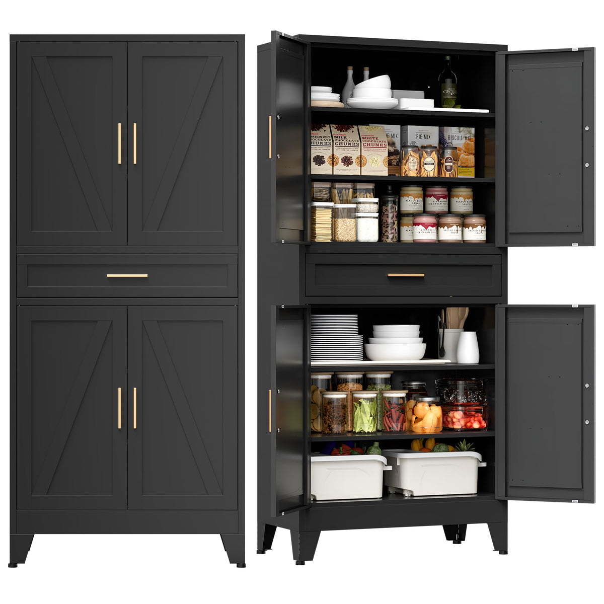 COFaR White Farmhouse Storage Kitchen Pantry Cabinet with 2 Barn Door, 3 Adjustable Shelves and Legs, for Cupboard/Dining Room/Bathroom/Living Room/Office/Laundry Room (White, 61" Farmhouse)