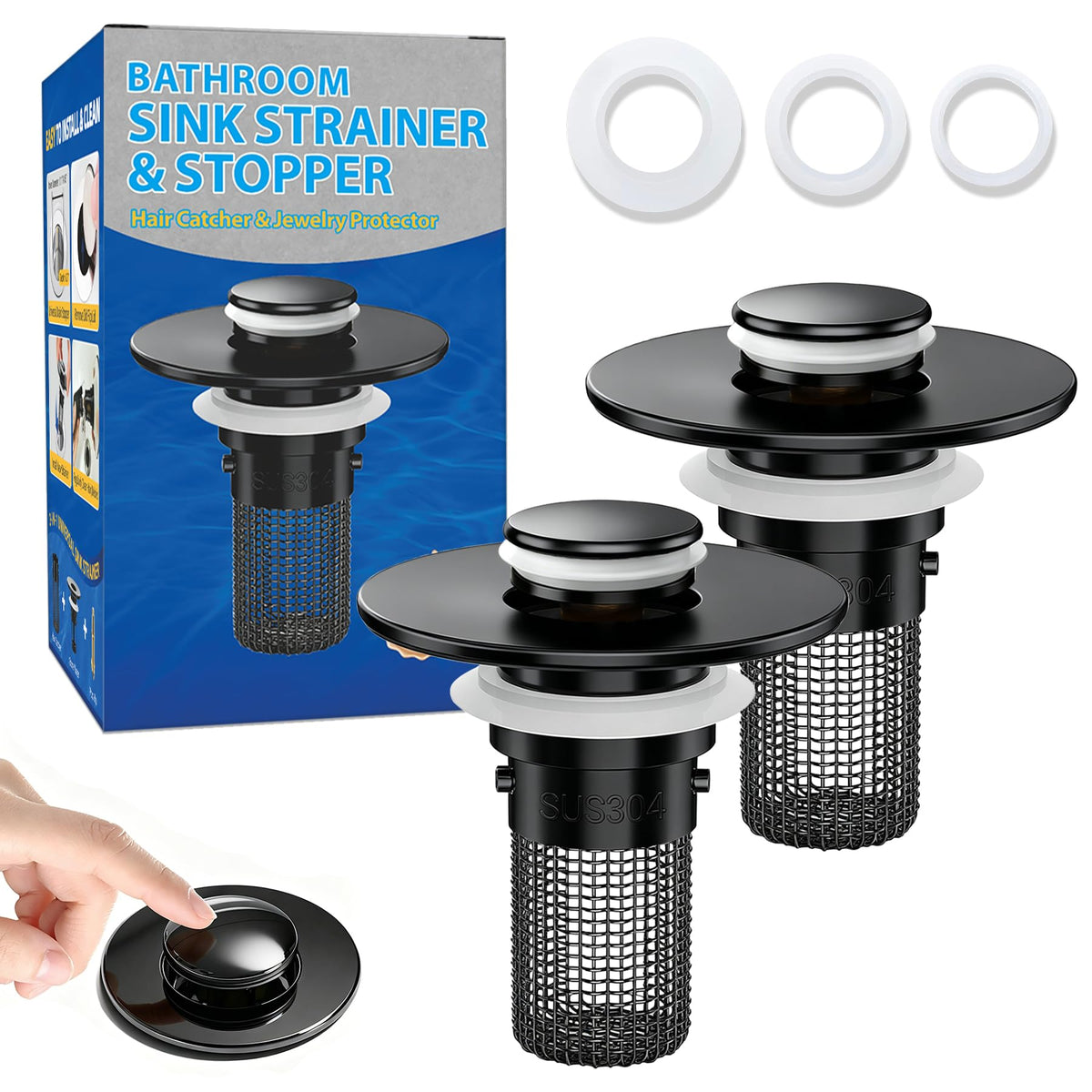 2PCS Bathroom Sink Stopper Strainer, Pop-Up Bathroom Sink Drain Strainer with Removable Stainless Steel Hair Catcher Basket, Universal Fit for US Bathroom Sinks, Bathtubs, Showers & Floor Drains