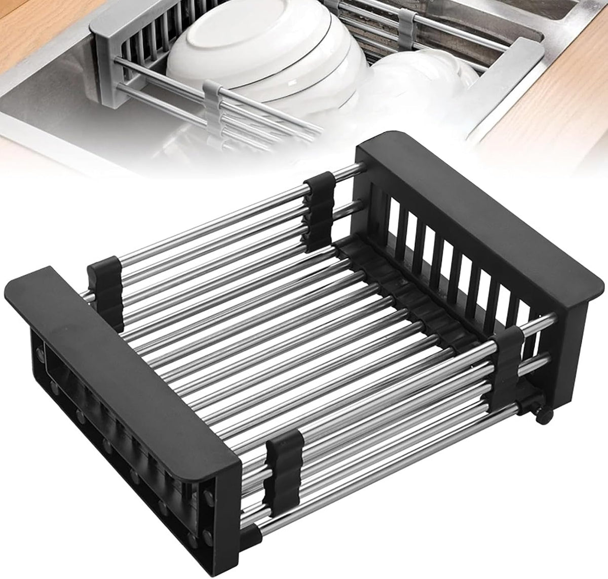Extend Kitchen Sink Drain Basket,Stainless Steel Retractable Sink Rack,Over Sink Dish Rack,Portable Telescopic Kitchen Sinks Accessories,Extender Basket for Vegetables Fruits and Dishes(Black,Large)