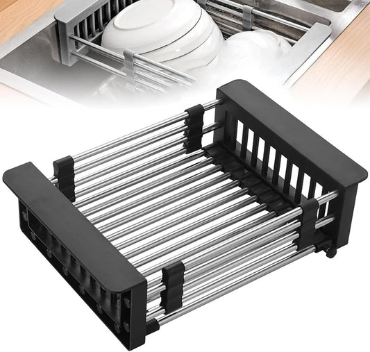 Extend Kitchen Sink Drain Basket,Stainless Steel Retractable Sink Rack,Over Sink Dish Rack,Portable Telescopic Kitchen Sinks Accessories,Extender Basket for Vegetables Fruits and Dishes(Black,Large)