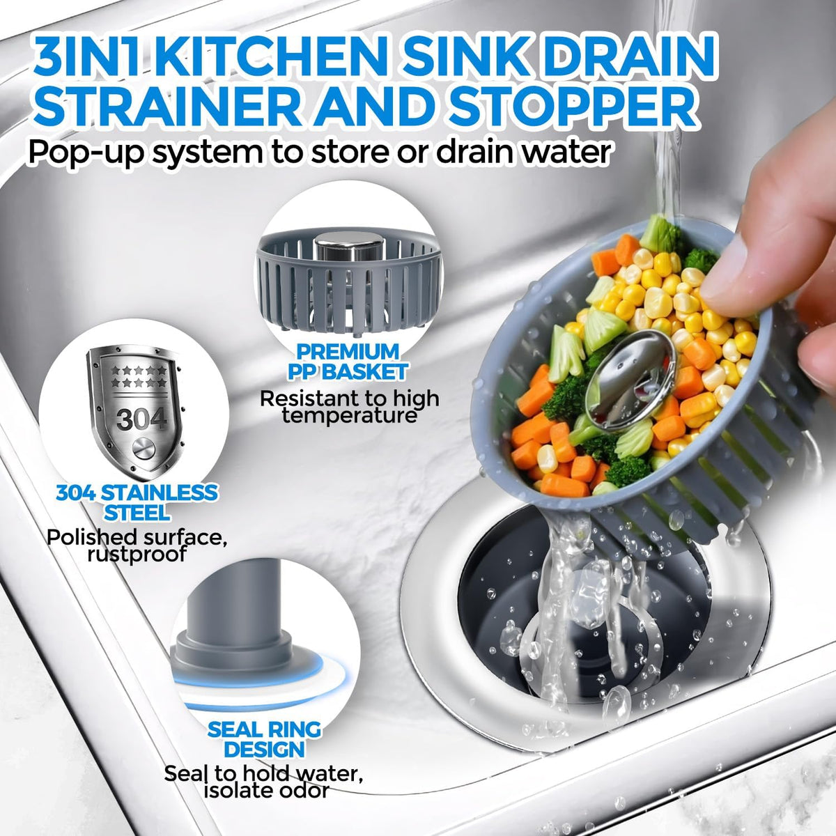 zaa 3 in 1 Kitchen Sink Stopper Strainer Basket Pop-Up Removable 2 Pack