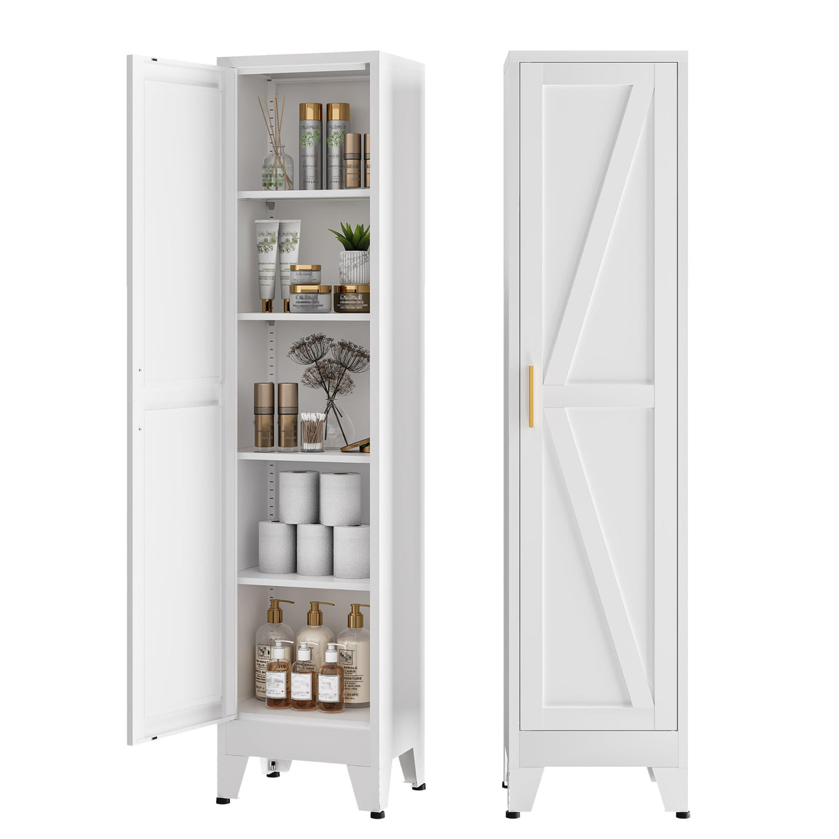 COFaR White Farmhouse Storage Kitchen Pantry Cabinet with 2 Barn Door, 3 Adjustable Shelves and Legs, for Cupboard/Dining Room/Bathroom/Living Room/Office/Laundry Room (White, 61" Farmhouse)