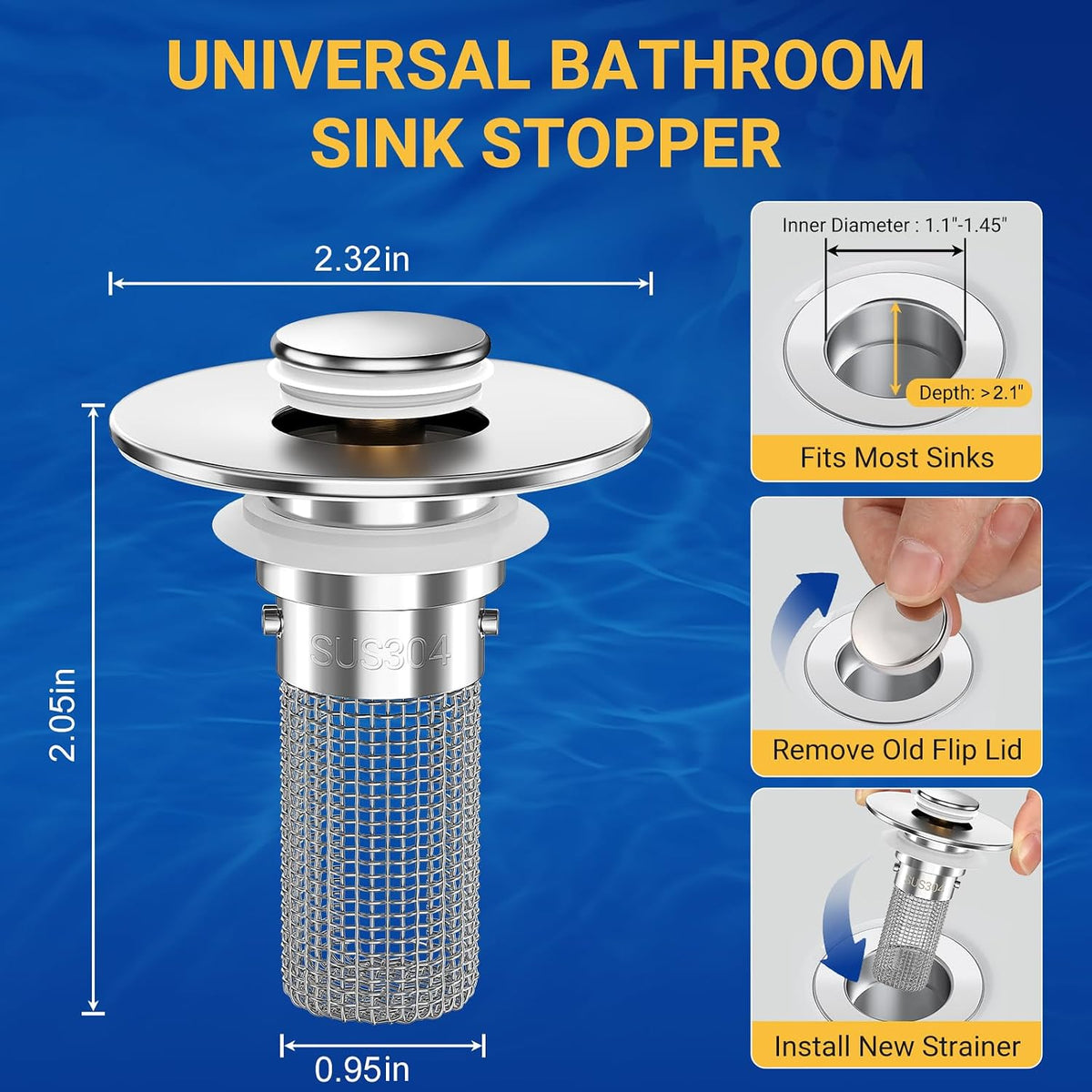 2PCS Bathroom Sink Stopper Strainer, Pop-Up Bathroom Sink Drain Strainer with Removable Stainless Steel Hair Catcher Basket, Universal Fit for US Bathroom Sinks, Bathtubs, Showers & Floor Drains