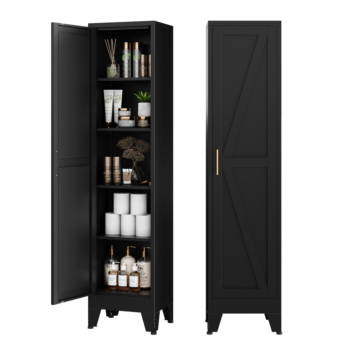 COFaR White Farmhouse Storage Kitchen Pantry Cabinet with 2 Barn Door, 3 Adjustable Shelves and Legs, for Cupboard/Dining Room/Bathroom/Living Room/Office/Laundry Room (White, 61" Farmhouse)