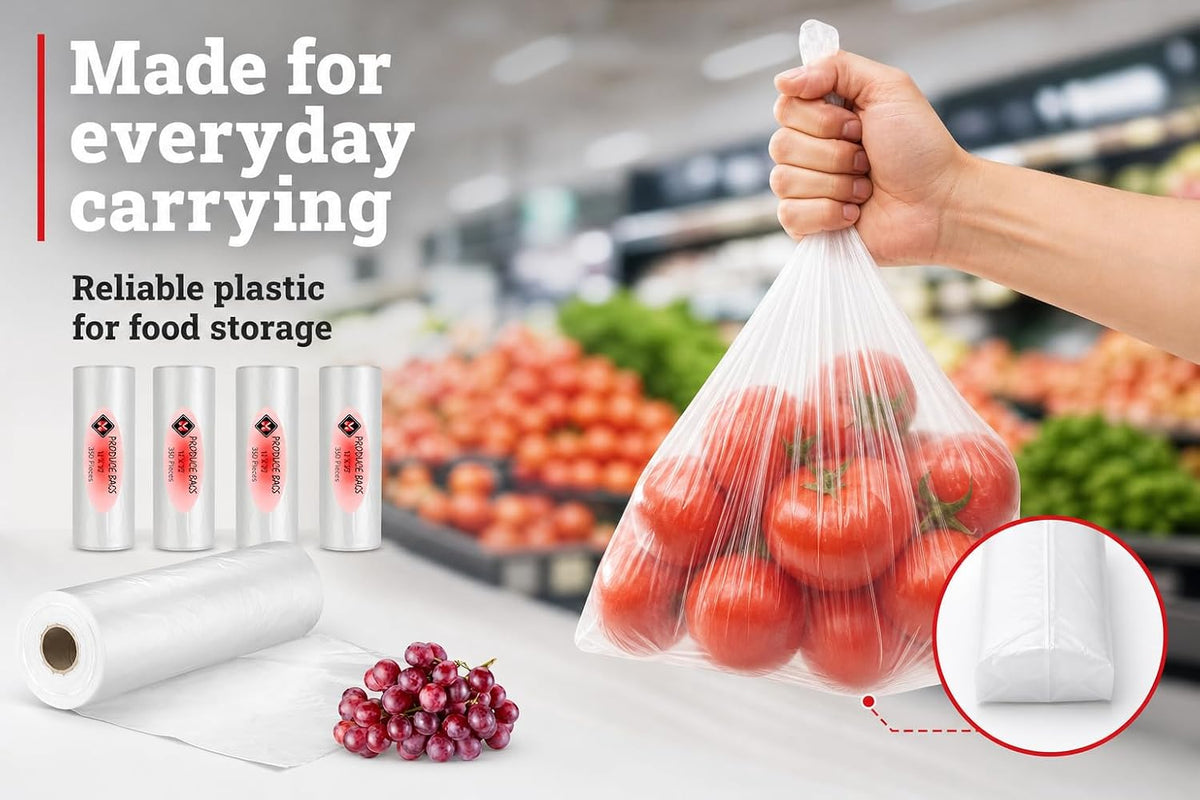 Mr Miracle Plastic Produce Bags for Food Storage - 12"x20" Clear Grocery Bag for Fruits, Vegetables, Bread - Easy Peel-Off Design, Continuous Roll, 1.75" Core, Pack of 1440 Bags [4 rolls]