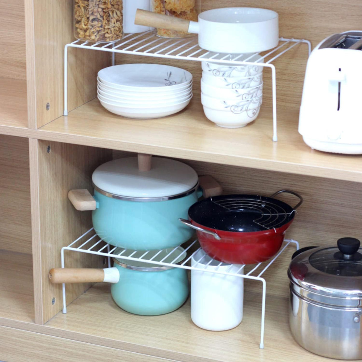 Kitchen Cabinet Shelf Organizer Set of 2, Large (15.7 x 9.4 inch) Metal Wire Pantry Storage Shelves, Dish Plate Racks for Cabinets, Freezer, Counter, Cupboard Organizers and Storage, White