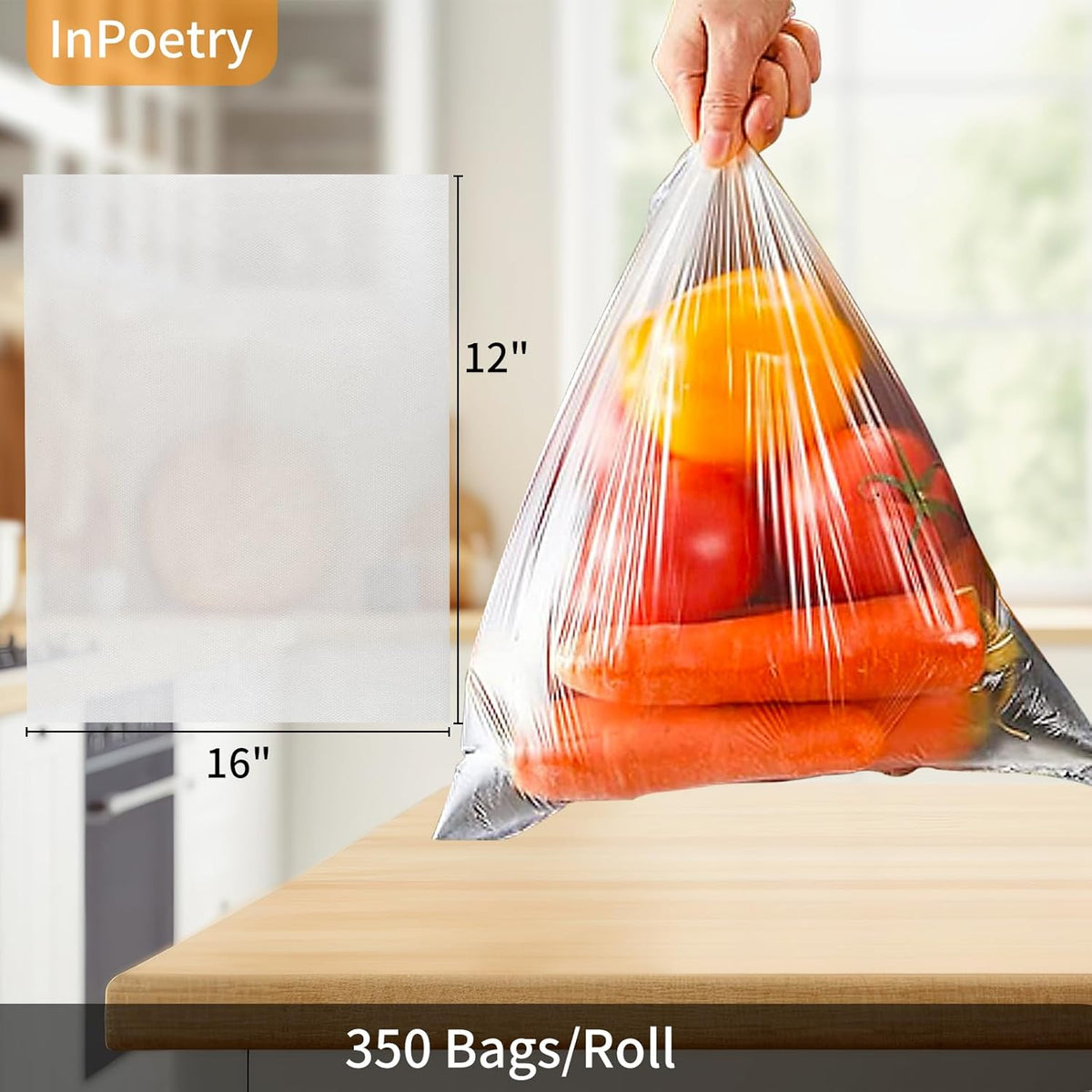 Food Storage Bags, 12" x 16" Clear Plastic Produce Bags, for Food, Fruit, Vegetable, Kitchen, Refrigerator Storage, 350 Bags/Roll (1 Roll)
