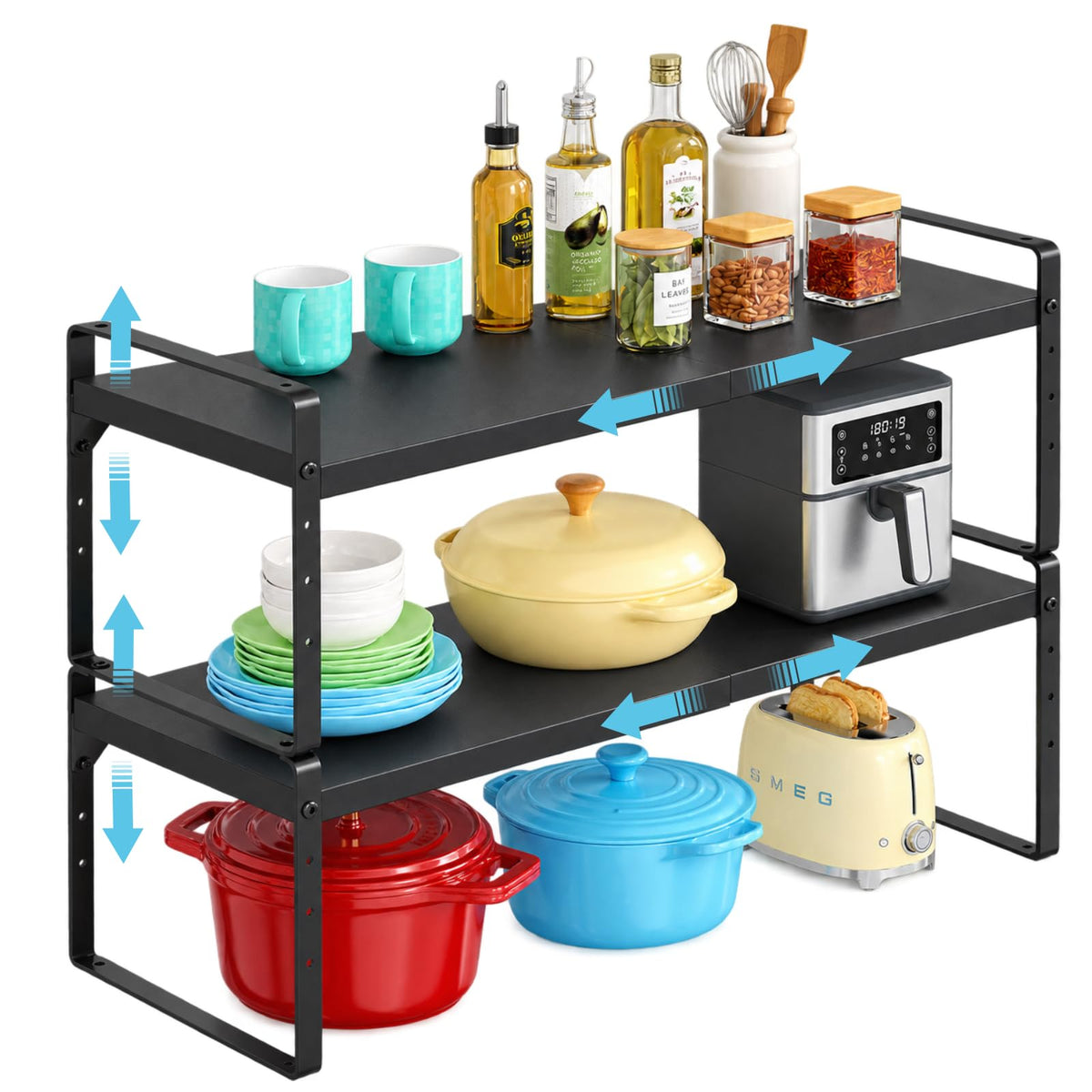 15.5 to 25.5 Inch Expandable Kitchen Cabinet Organizer Shelf, 2 Pack 30 LBS Heavy Duty Adjustable Kitchen Counter Storage Shelves Organizers,Stackable Small Storage Shelf Rack For Cabinet Cupboard