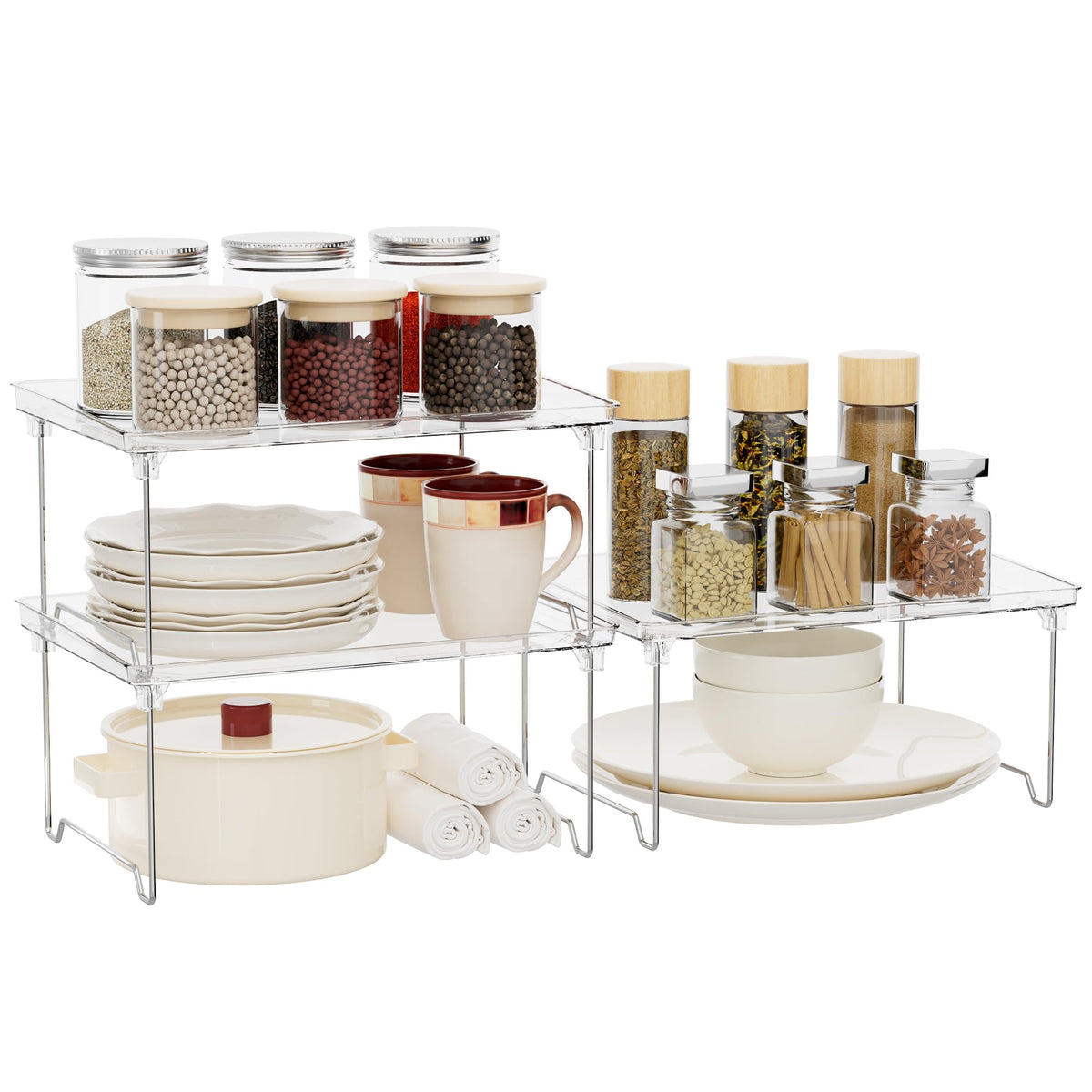 STARLATTA 2 Pcs Cabinet Organizer Shelf, Stackable Kitchen Counter Shelves, Spice Rack,Countertop Organizers, Clear Plastic Storage Shelves Rack for Makeup,Bathroom,Cupboard,Desk,Pantry Organization